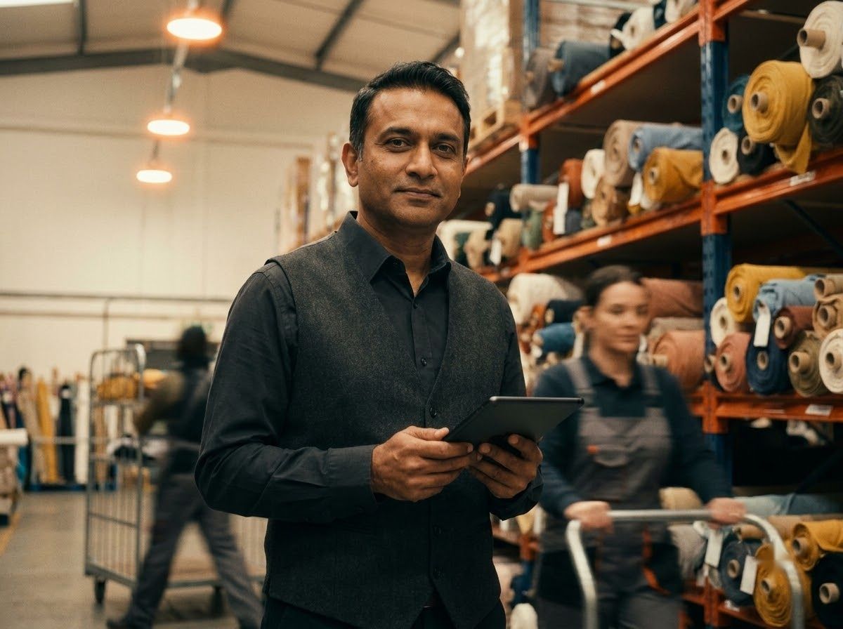 An operations manager with a tablet in a textile warehouse