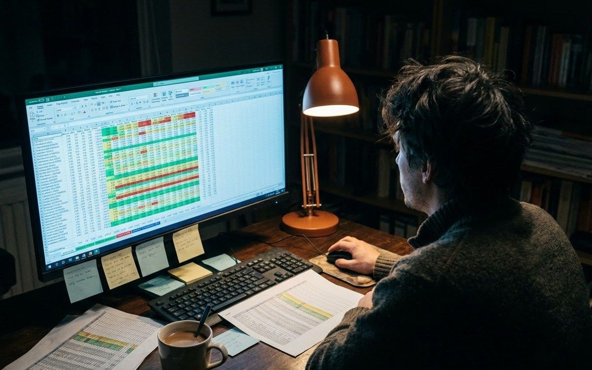 An operations lead working late on a dense, colour-coded spreadsheet