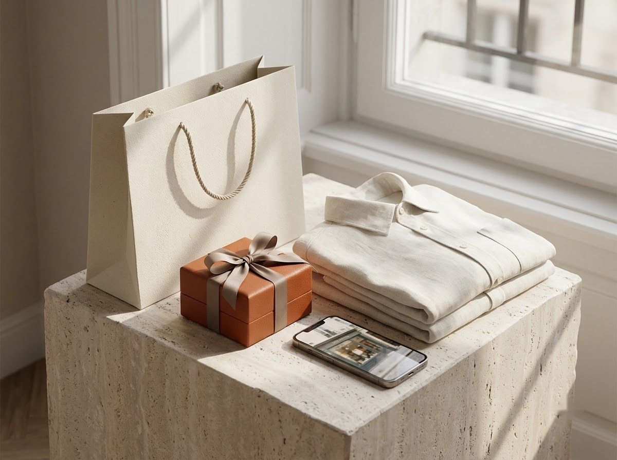 A shopping bag, a gift box, folded clothing and a phone on a stone plinth