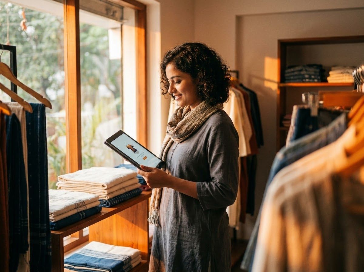 A boutique owner checking her online store on a tablet in her shop