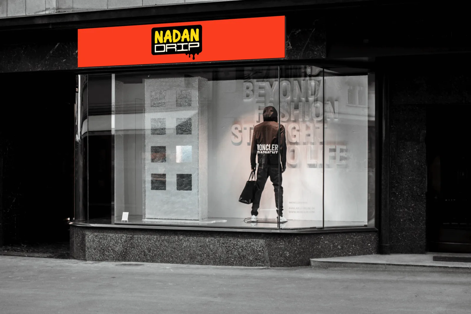 Nadan Drip storefront signage above a streetwear display window