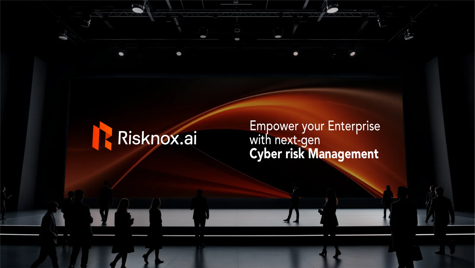 Risknox.ai branding on a stage screen at an industry conference