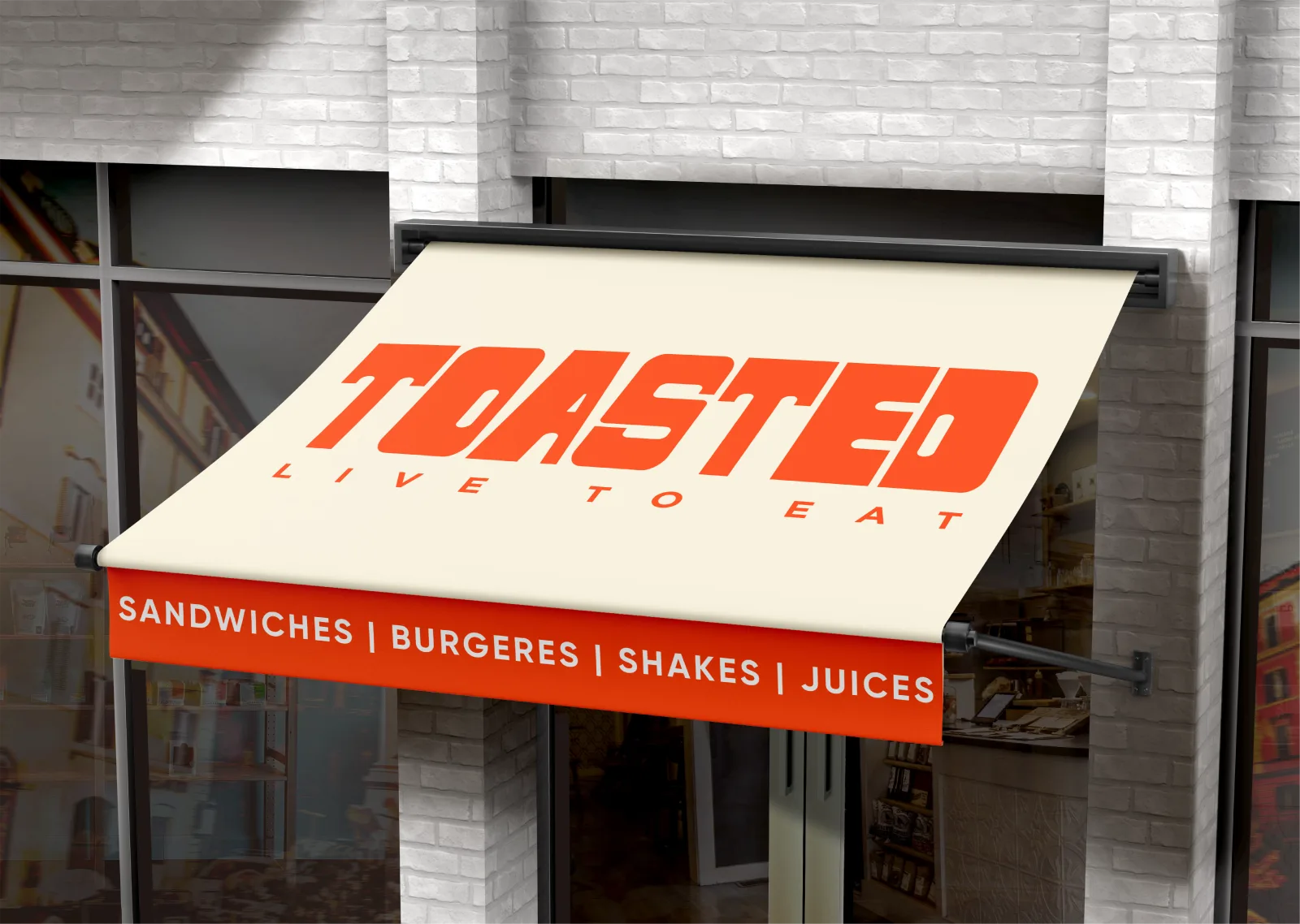 The Toasted storefront awning reading "Toasted, Live to Eat" above the menu list