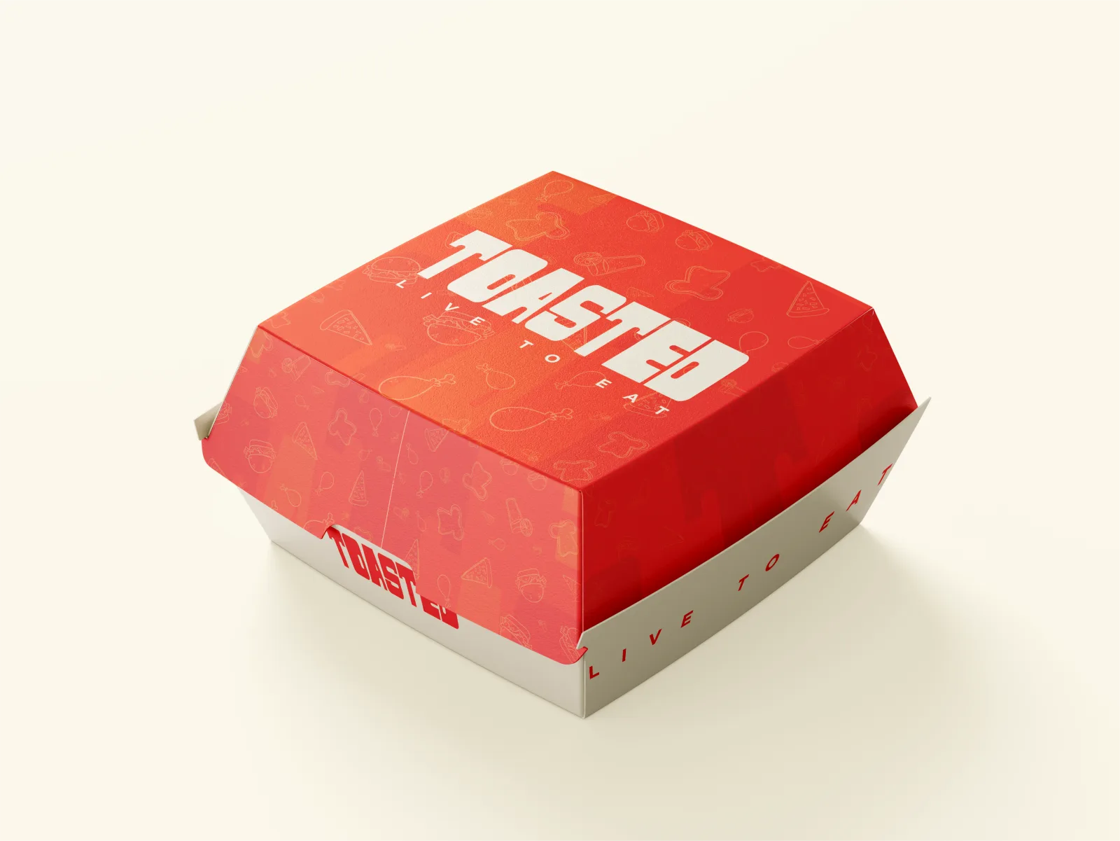 Toasted burger box packaging with the wordmark and tagline